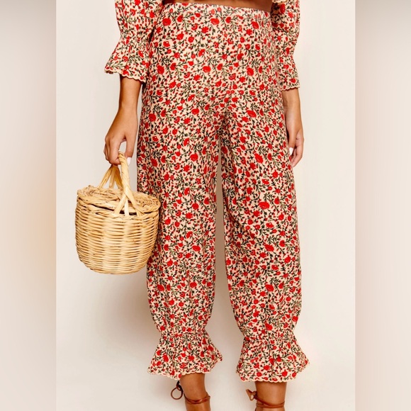 RIXO Bobbie Cotton Co-ord Ditsy Trail Cream Red Floral Ruffle Elastic Waist Pant - Picture 2 of 8